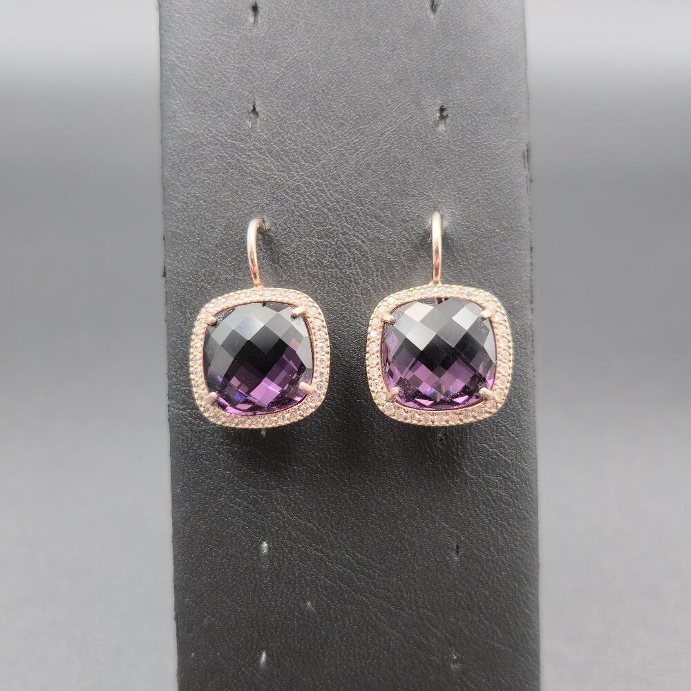 Rose Gold Over Sterling Silver Purple Glass And CZ Halo Earrings A6225